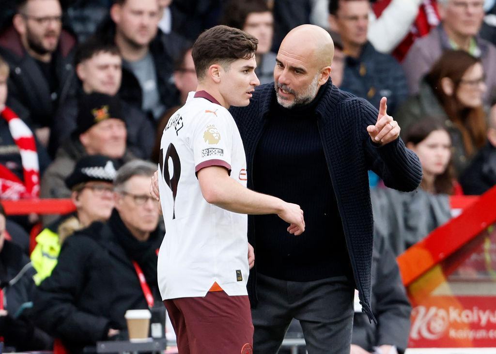 Julian Alvarez and Manchester City boss Pep Guardiola