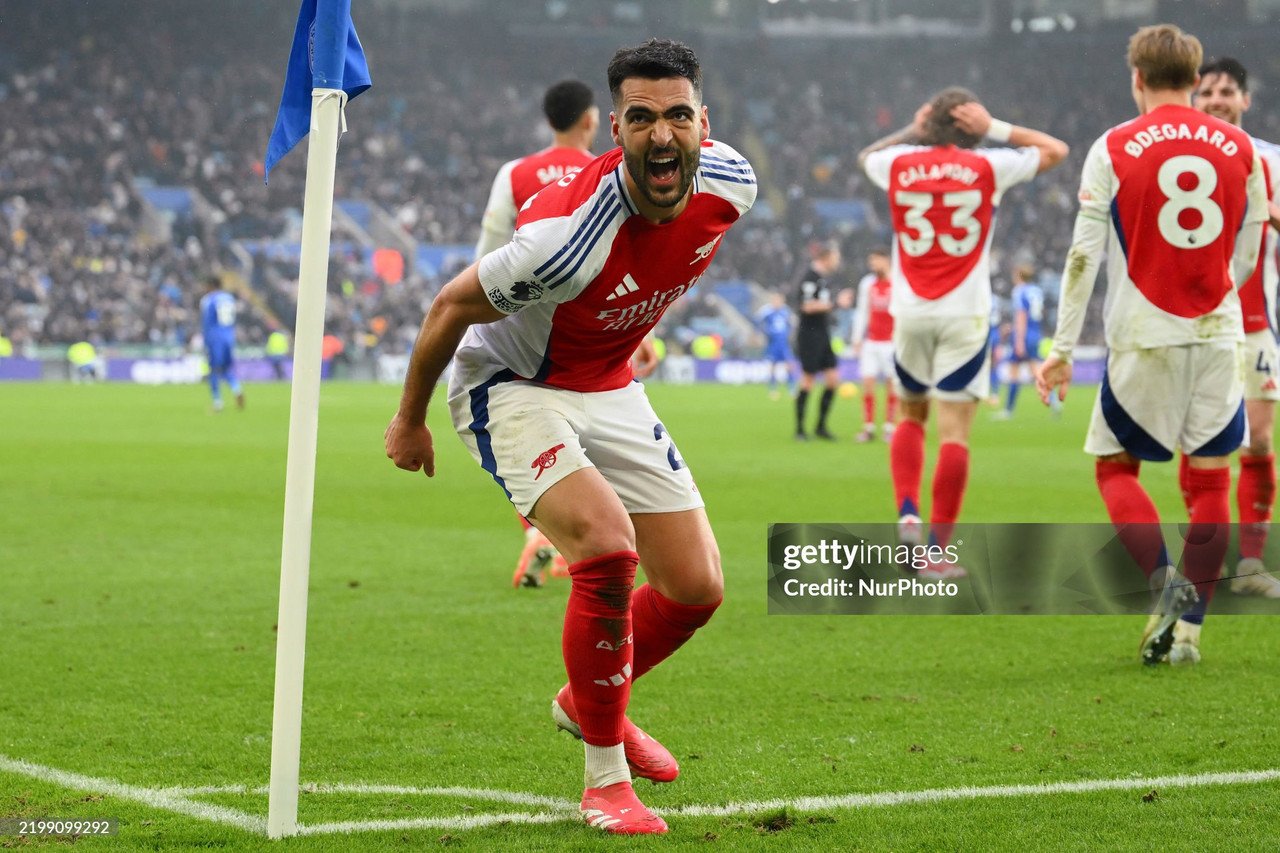 Mikel Merino celebrates after scoring against Leicester City (Photo by MI News/NurPhoto via Getty Images)