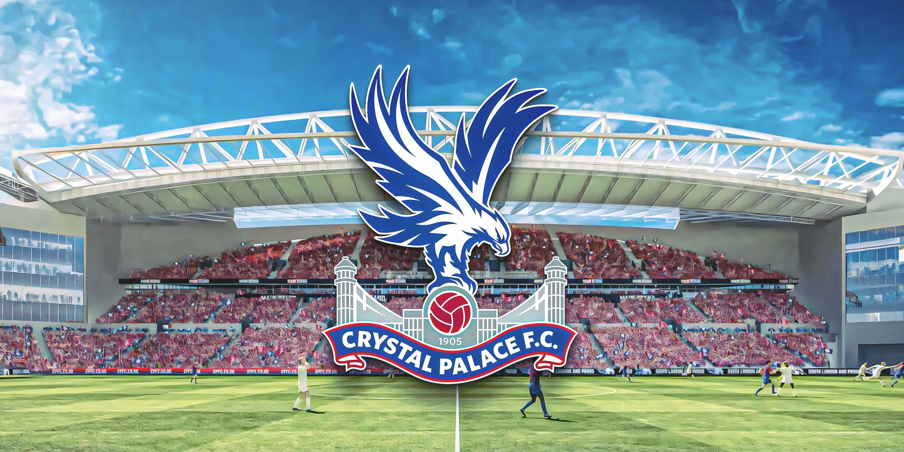 Hình ảnh khán đài chính mới và huy hiệu câu lạc bộ Crystal Palace tại sân Selhurst Park