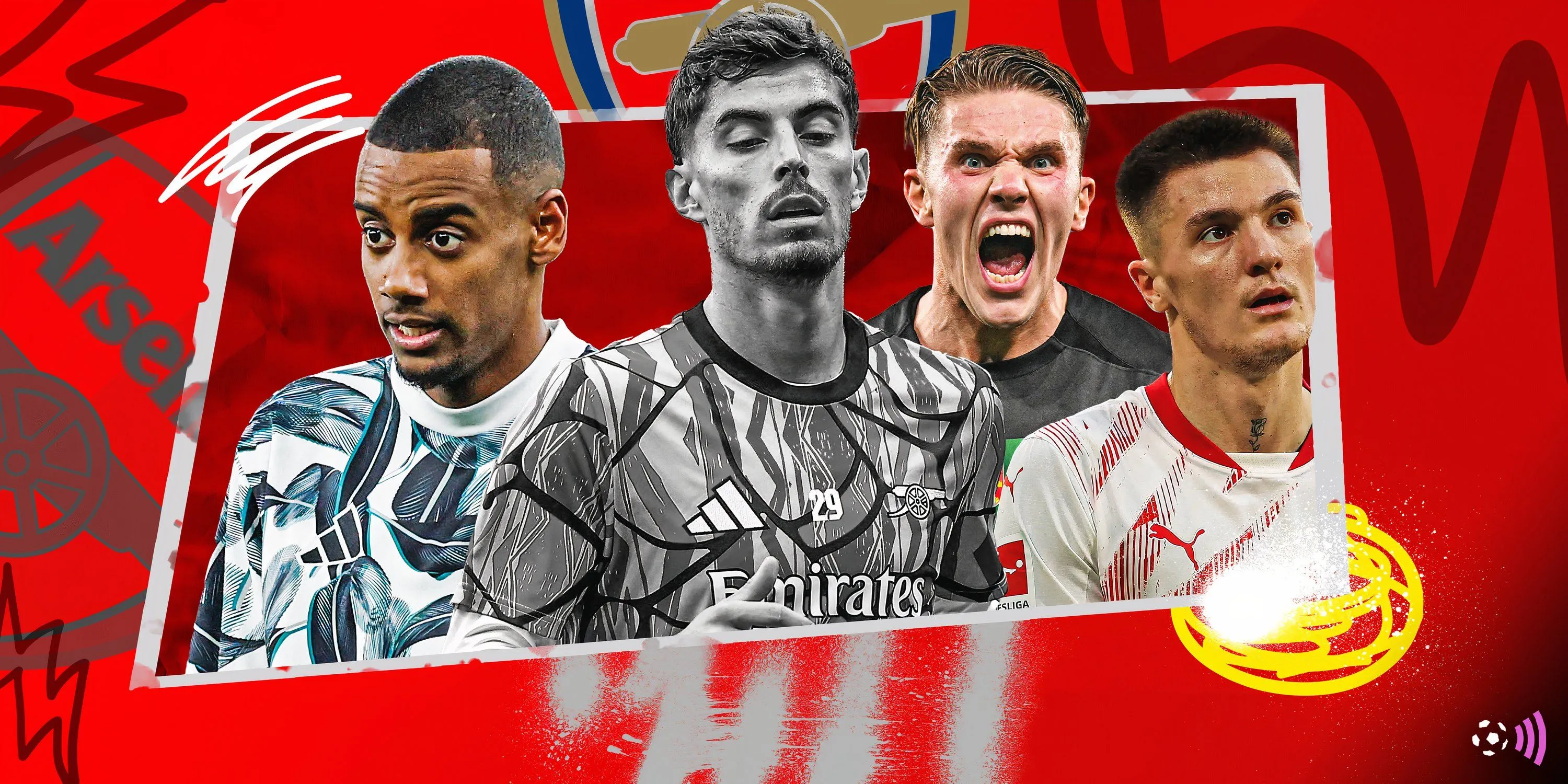 Hình ảnh tổng hợp các cầu thủ tấn công liên quan đến chuyển nhượng Arsenal như Havertz, Sesko, Isak, Gyokeres