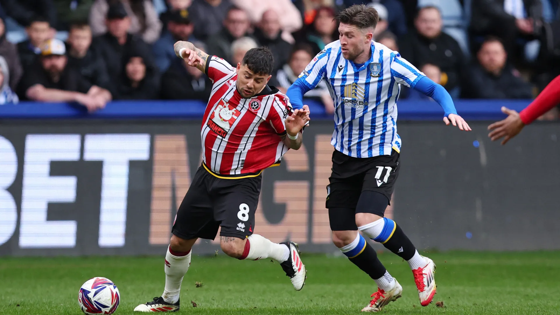 Josh Windass (trái) của Sheffield Wednesday tranh chấp bóng với Gustavo Hamer (phải) trong một trận đấu Championship