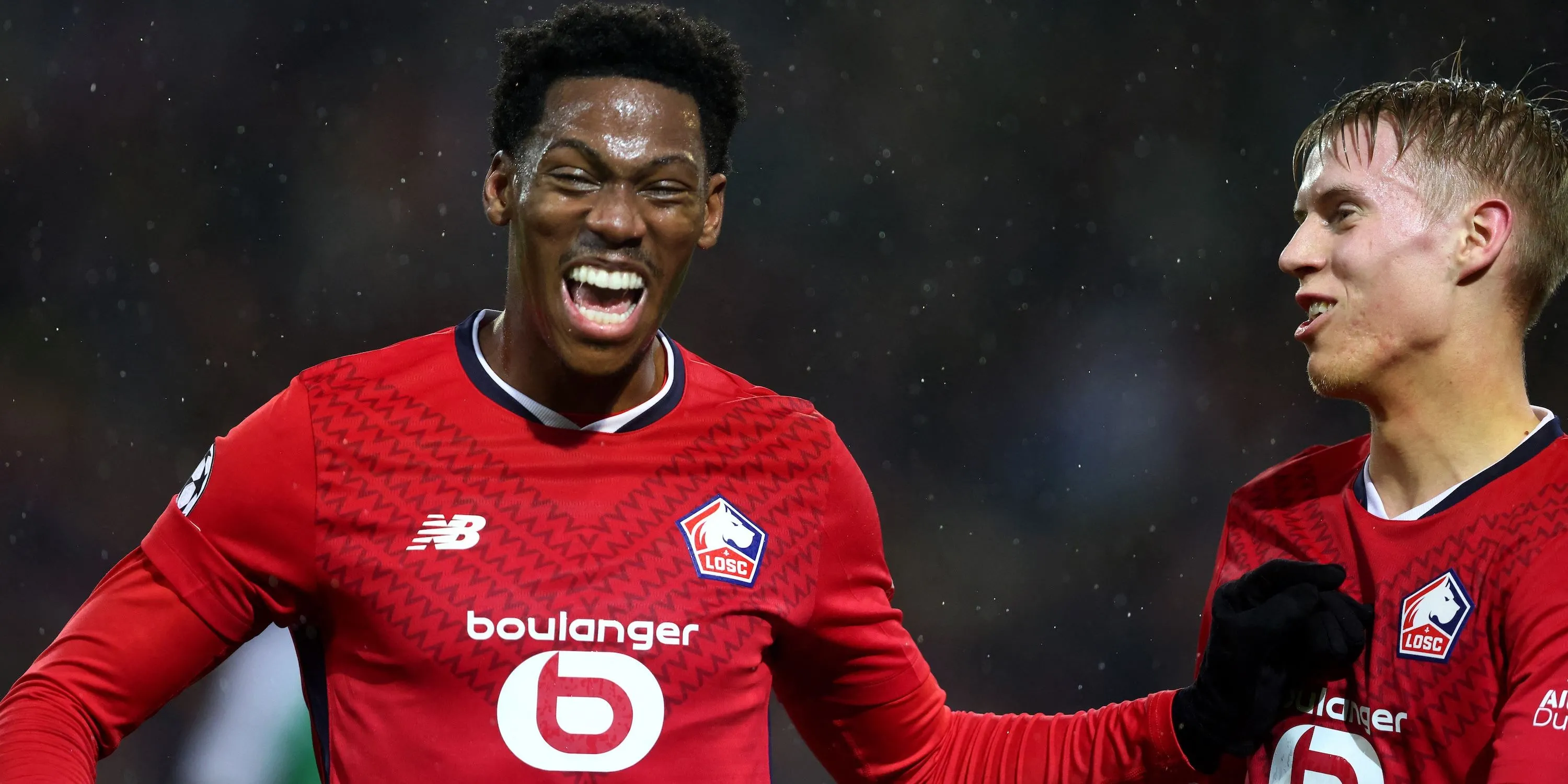Tiền đạo Jonathan David của Lille ăn mừng bàn thắng thứ tư cho đội nhà