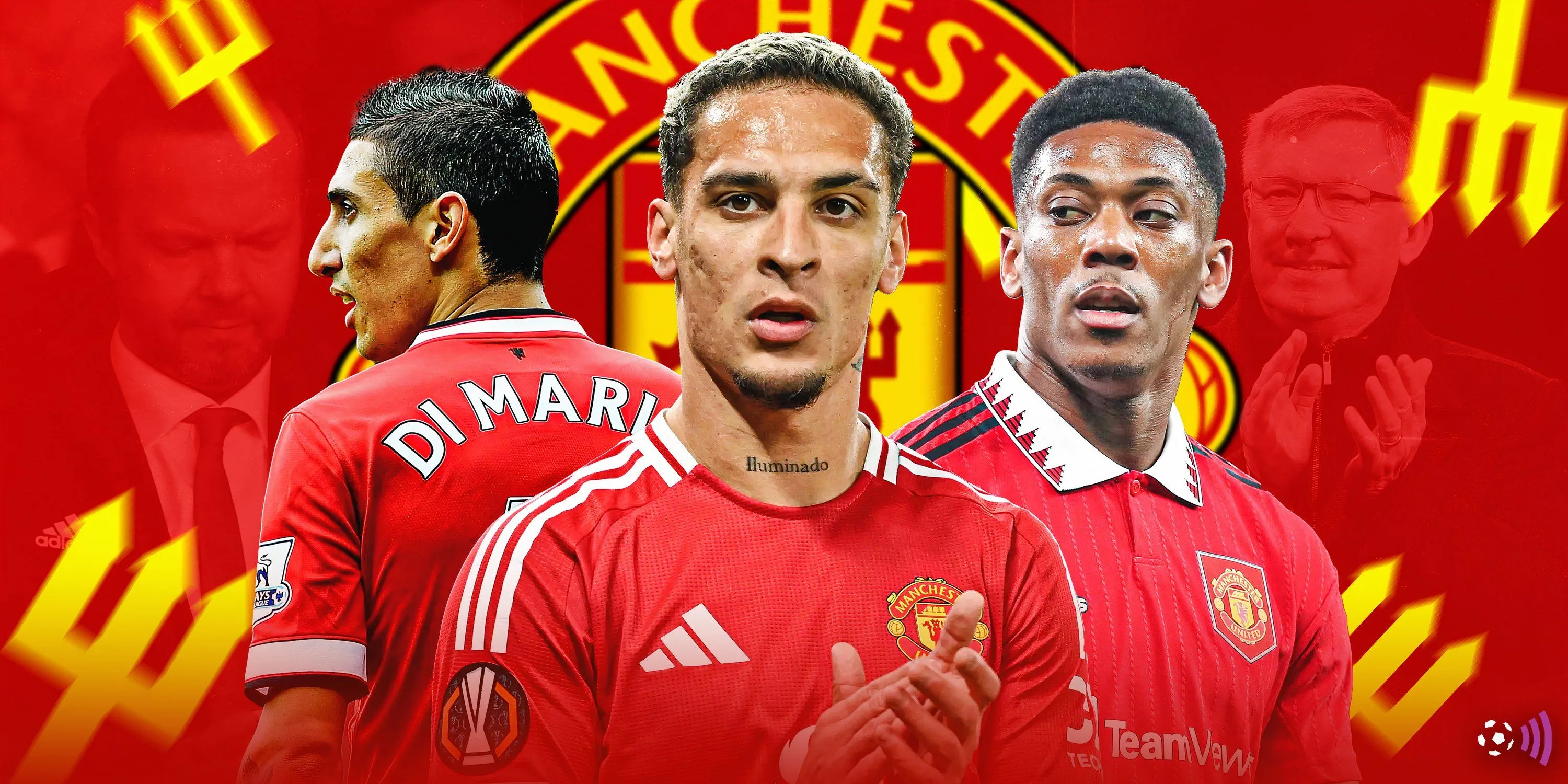 Hình ảnh các cầu thủ Manchester United như Di Maria, Antony và Martial, minh họa về những bản hợp đồng sau thời Sir Alex Ferguson