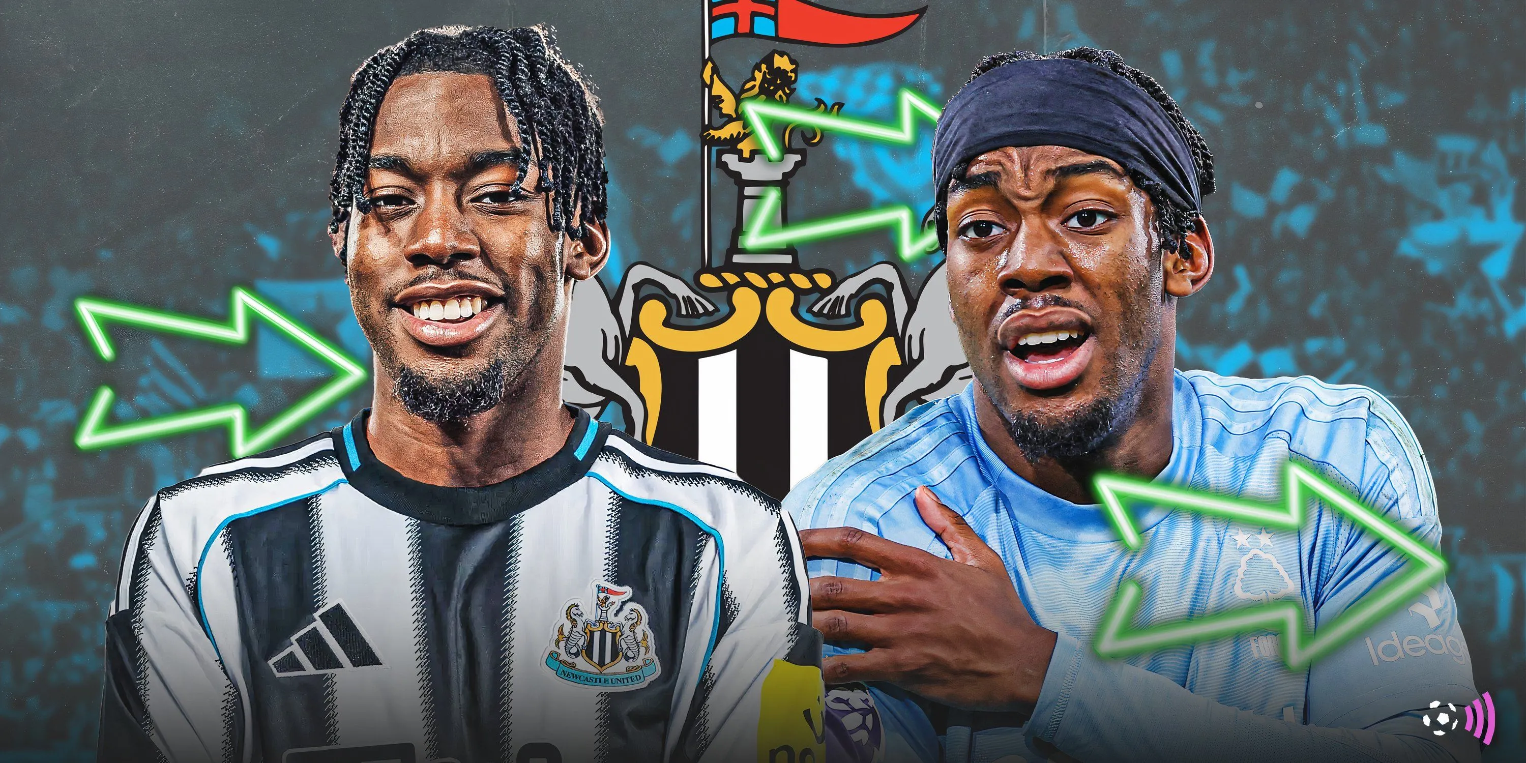 Anthony Elanga trong trang phục tập luyện của Nottingham Forest, được ghép với logo Newcastle United