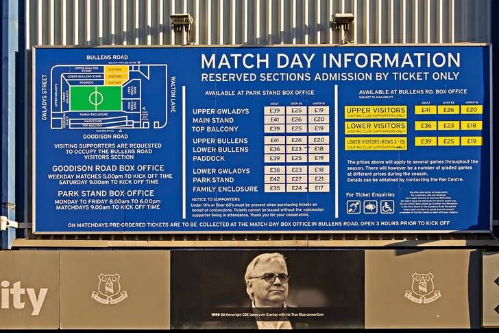Bảng thông tin ngày diễn ra trận đấu ngoài sân Goodison Park, nơi cổ động viên cập nhật tin tức