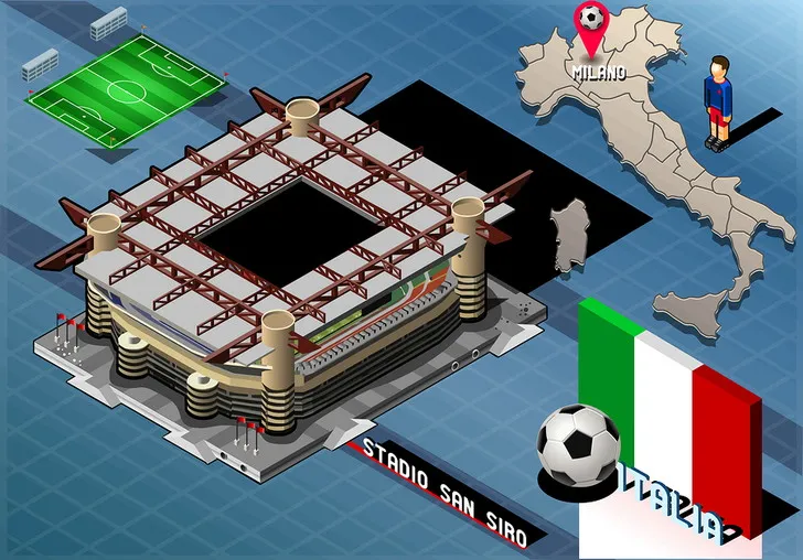 Đồ họa kiến trúc isometric chi tiết sân San Siro, thể hiện các tầng khán đài và cấu trúc độc đáo của thánh địa bóng đá Milan.