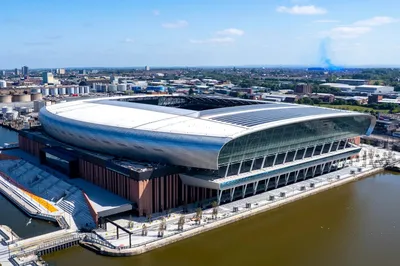 Hình ảnh tổng quan từ trên cao của sân vận động Bramley-Moore Dock mới, ngôi nhà tương lai của Everton.