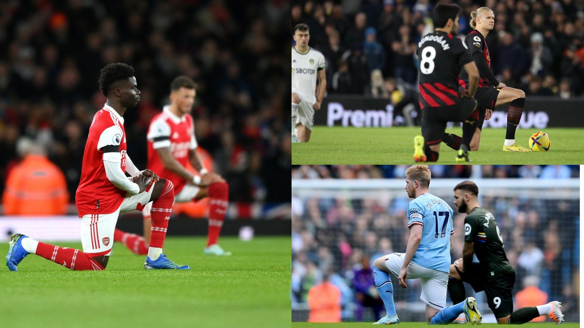 Các cầu thủ Premier League quỳ gối trước trận đấu, thể hiện sự đoàn kết và ủng hộ mạnh mẽ chiến dịch chống phân biệt chủng tộc trong bóng đá Anh.