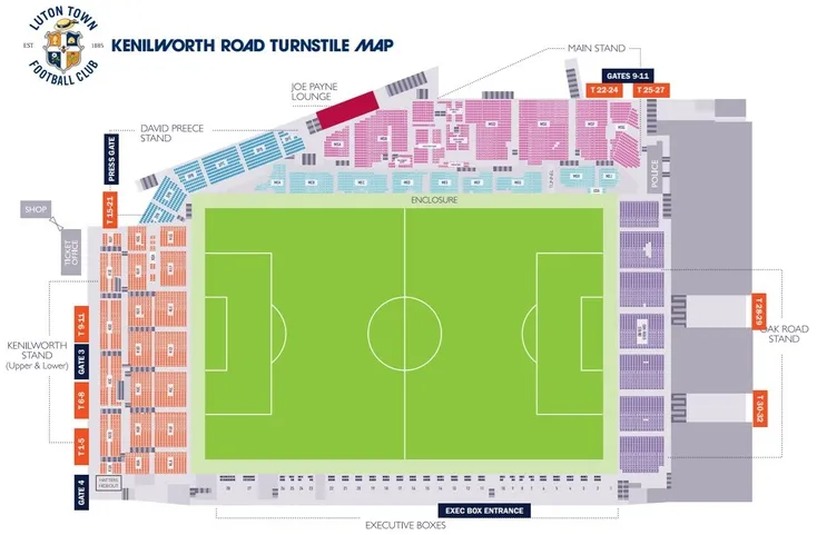 Sơ đồ bố trí các khán đài tại sân Kenilworth Road, giúp khán giả dễ dàng định vị vị trí chỗ ngồi và lối đi
