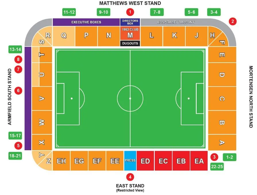 Sơ đồ bố trí chỗ ngồi chi tiết tại sân vận động Bloomfield Road