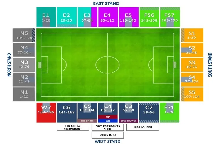 Sơ đồ bố trí chỗ ngồi sân vận động Chesterfield FC, giúp người hâm mộ dễ dàng định vị vị trí.