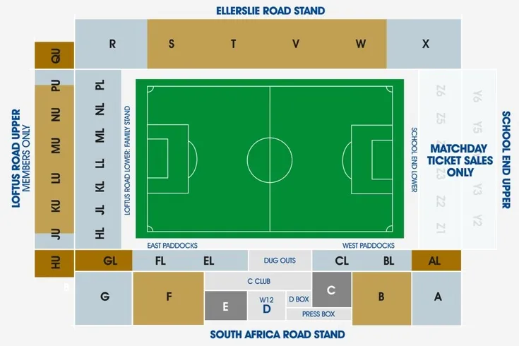 Sơ đồ bố trí chỗ ngồi tại sân vận động Loftus Road của QPR, giúp người hâm mộ định vị chỗ ngồi