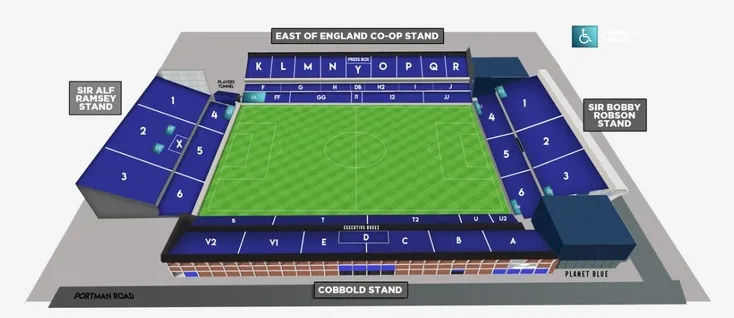 Sơ đồ bố trí chỗ ngồi tại sân vận động Portman Road, giúp người hâm mộ dễ dàng tìm vị trí của mình