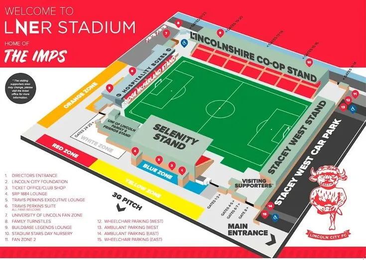 Sơ đồ bố trí chỗ ngồi tại Sincil Bank, giúp hình dung rõ ràng các khán đài và lối vào