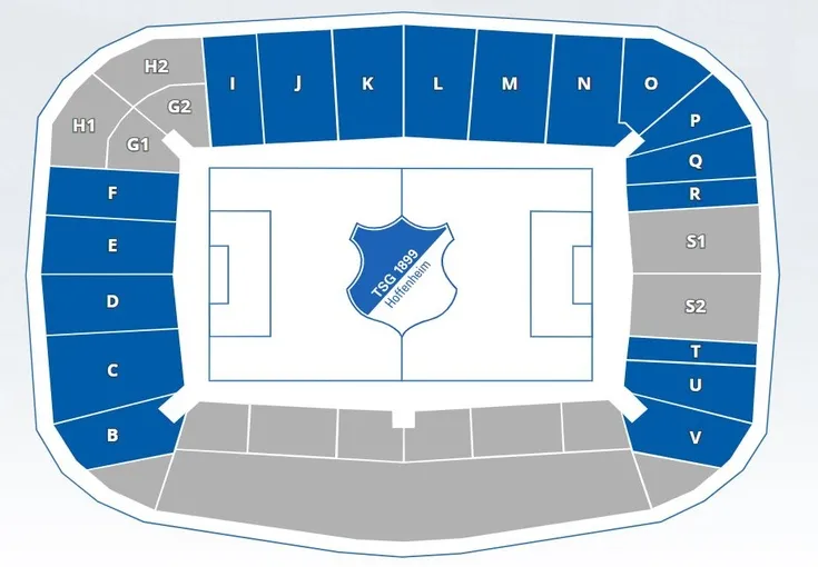 Sơ đồ bố trí chỗ ngồi tổng thể của sân vận động Rhein-Neckar-Arena, hướng dẫn vị trí các khán đài.
