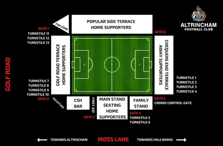 Sơ đồ bố trí khán đài sân J Davidson Stadium, giúp người hâm mộ dễ dàng định vị các khu vực ngồi khi đến xem Altrincham FC.