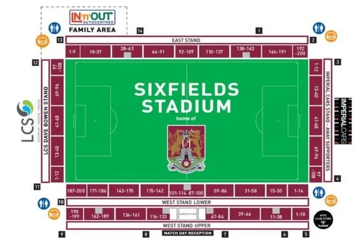 Sơ đồ bố trí khán đài sân vận động Sixfields, Northampton Town