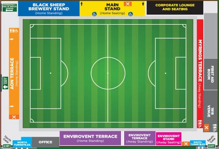 Sơ đồ bố trí tổng thể sân vận động EnviroVent Stadium (Wetherby Road), minh họa các khu vực khán đài và tiện ích, giúp người hâm mộ dễ dàng định hình cấu trúc sân nhà của Harrogate Town.