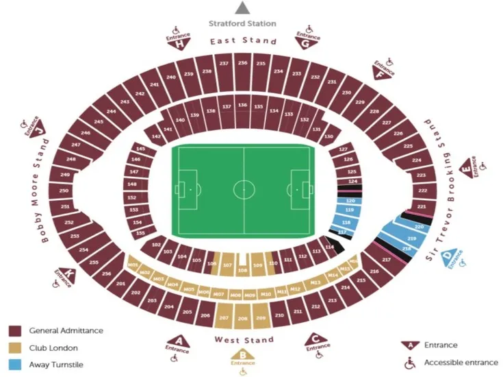 Sơ đồ chi tiết các khán đài và khu vực chỗ ngồi tại London Stadium, hướng dẫn vị trí các cổ động viên