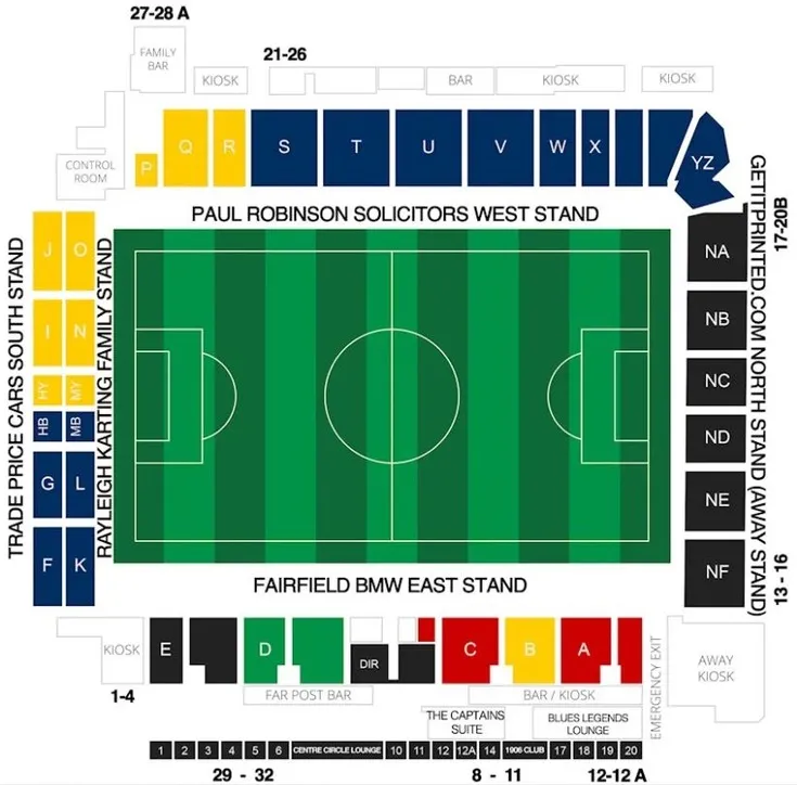 Sơ đồ chi tiết các khán đài và khu vực chỗ ngồi tại sân vận động Roots Hall