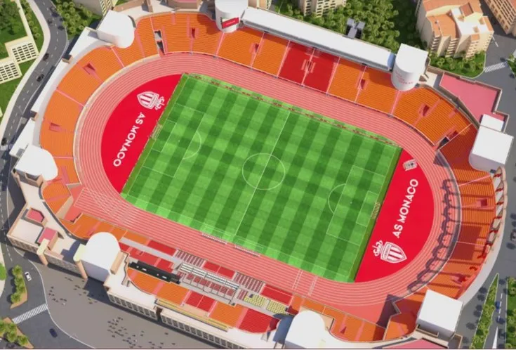 Sơ đồ chi tiết chỗ ngồi tại sân vận động Stade Louis II của AS Monaco, hiển thị bố cục các khán đài và vị trí chỗ ngồi.