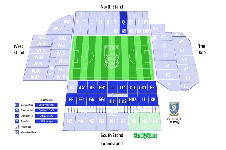 Sơ đồ chi tiết sân vận động Hillsborough, chỉ rõ vị trí các khán đài và khu vực chỗ ngồi