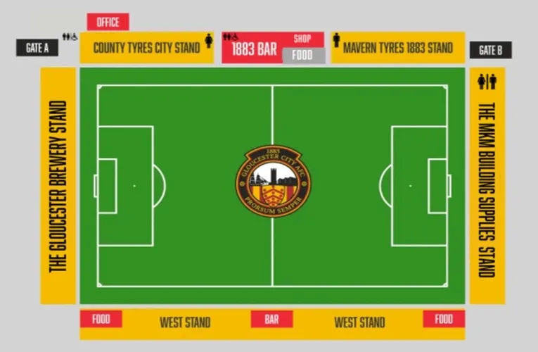 Sơ đồ chi tiết sân vận động Meadow Park Gloucester, chỉ rõ các khu vực khán đài, lối vào và tiện ích phục vụ người hâm mộ.