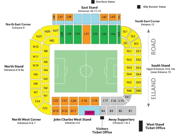 Sơ đồ chỗ ngồi chi tiết của sân vận động Elland Road, giúp người hâm mộ dễ dàng định vị vị trí.