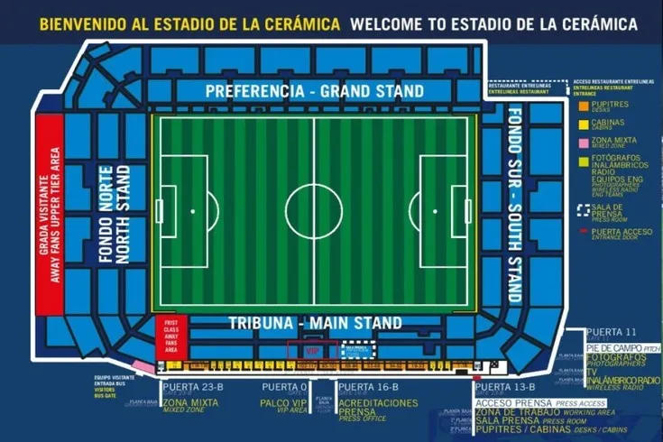 Sơ đồ chỗ ngồi chi tiết của sân vận động Estadio de la Ceramica, giúp người hâm mộ dễ dàng định vị.