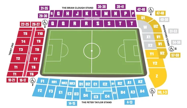 Sơ đồ chỗ ngồi chi tiết của sân vận động The City Ground, hiển thị vị trí các khán đài và khu vực dành cho cổ động viên.