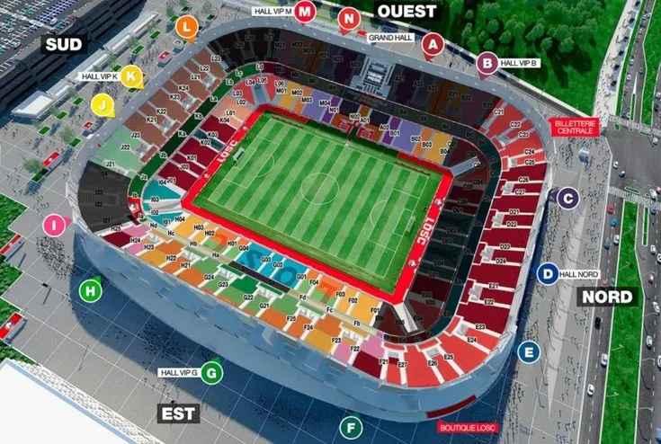 Sơ đồ chỗ ngồi chi tiết của Stade Pierre-Mauroy, giúp khán giả dễ dàng tìm thấy vị trí của mình.