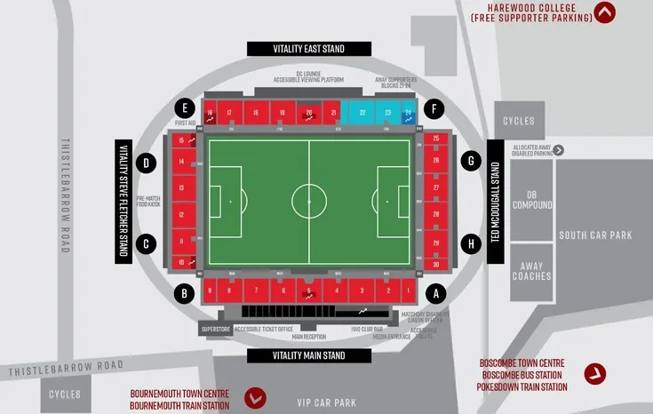 Sơ đồ chỗ ngồi chi tiết của Vitality Stadium, giúp người hâm mộ dễ dàng định vị vị trí.