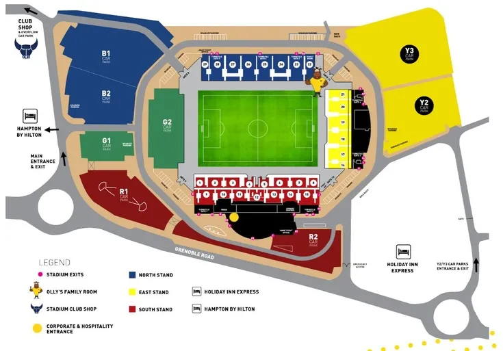 Sơ đồ chỗ ngồi chi tiết tại Kassam Stadium, hướng dẫn CĐV tìm về vị trí của mình