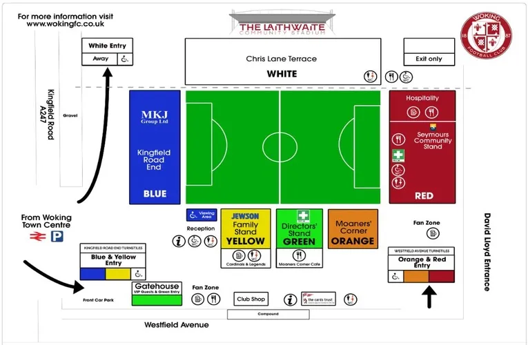 Sơ đồ chỗ ngồi chi tiết tại Kingfield Stadium của Woking FC
