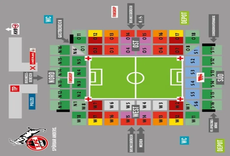 Sơ đồ chỗ ngồi RheinEnergieStadion, mỗi vị trí đều mang một câu chuyện riêng về tình yêu với FC Köln.