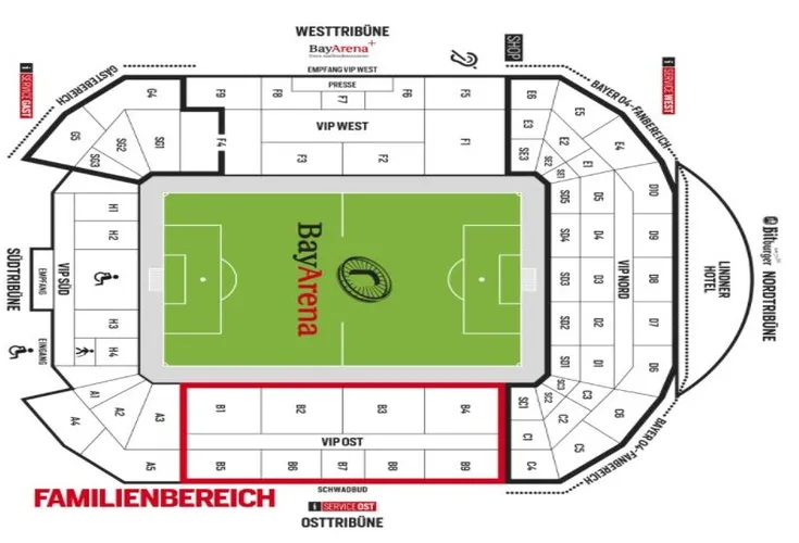Sơ đồ chỗ ngồi sân BayArena, hướng dẫn vị trí khán giả tại sân nhà Bayer Leverkusen.