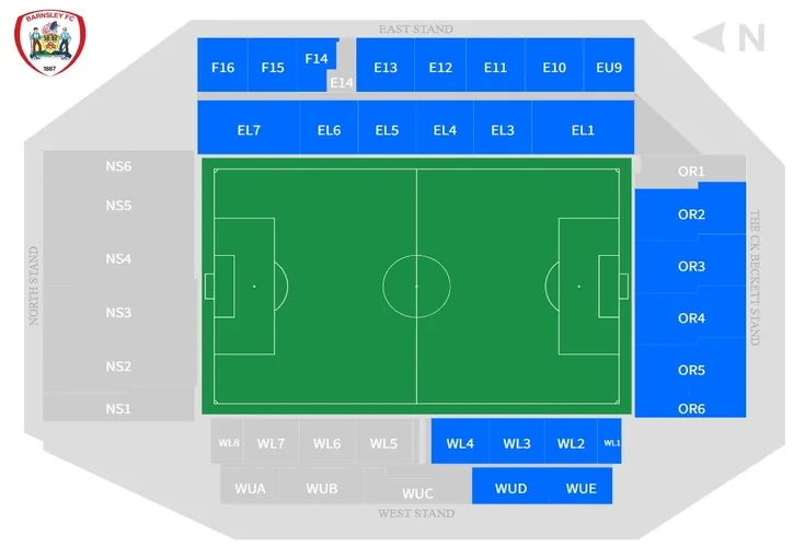 Sơ đồ chỗ ngồi sân vận động Oakwell, hướng dẫn vị trí các khán đài