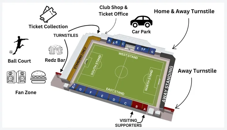Sơ đồ sân Broadfield Stadium, hướng dẫn vị trí các khán đài và khu vực cổ động viên
