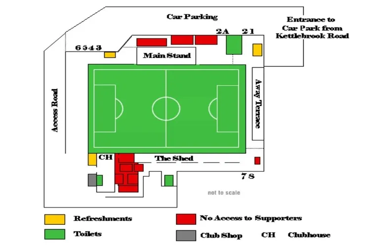 Sơ đồ sân The Lamb Ground Tamworth, minh họa bố cục và các khu vực khán đài chính.