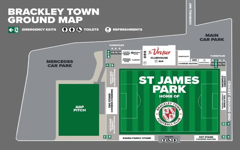 Sơ đồ tổng quan St James Park Brackley, phác họa không gian sân bóng giản dị nhưng ấm áp.