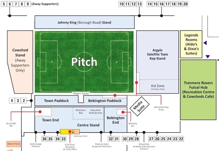 Sơ đồ tổng thể sân Prenton Park, hướng dẫn khu vực chỗ ngồi và khán đài