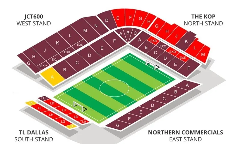 Sơ đồ tổng thể sân vận động Valley Parade, thể hiện vị trí các khán đài và lối vào.