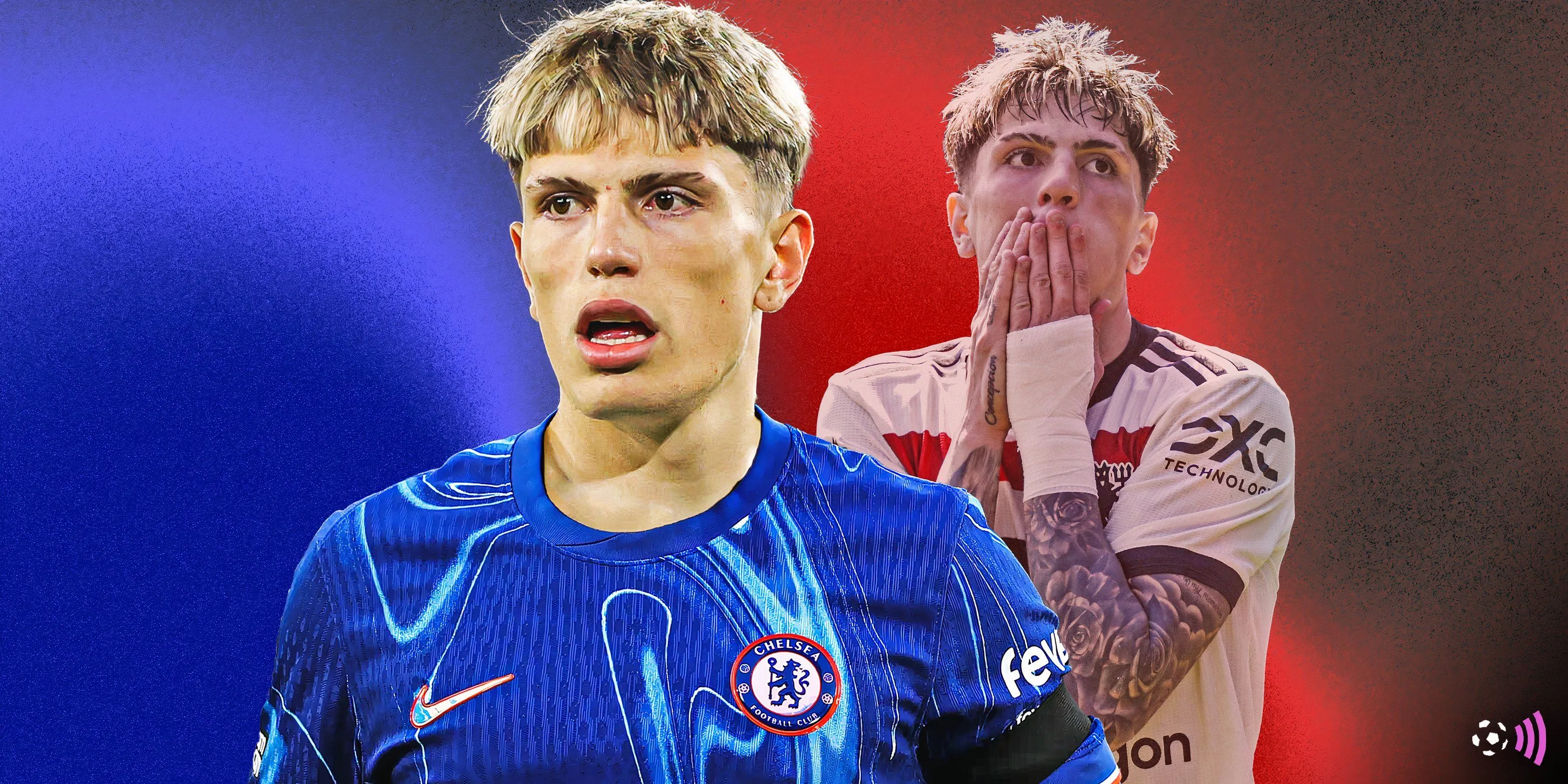 Alejandro Garnacho trong màu áo Manchester United và biểu tượng Chelsea, tượng trưng cho tin đồn chuyển nhượng mùa hè.