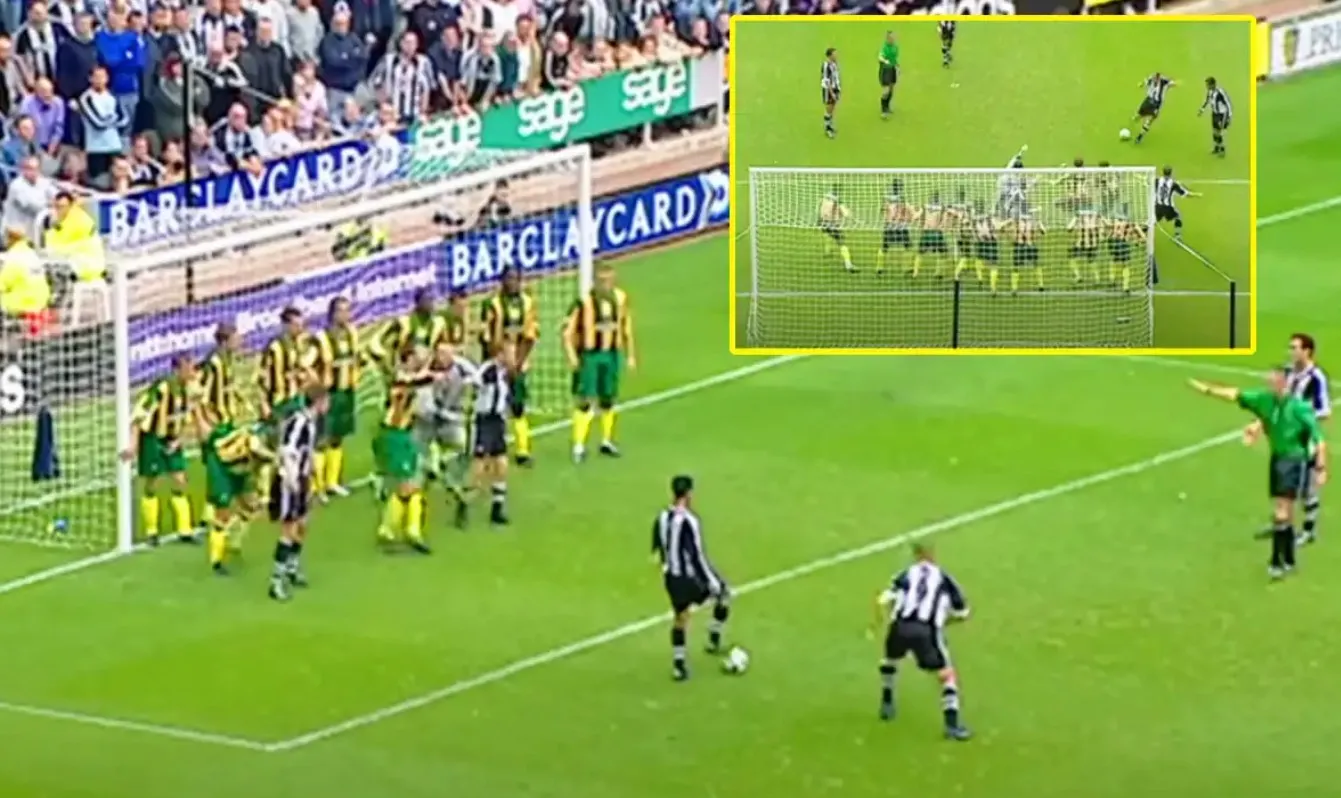 Alan Shearer ghi bàn sau tình huống phối hợp từ quả phạt gián tiếp của Solano