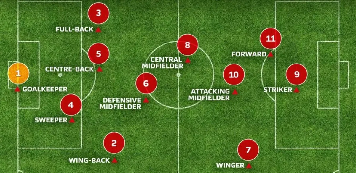 Sơ đồ các vị trí trên sân: thủ môn, hàng hậu vệ, hàng tiền vệ, hàng tiền đạo