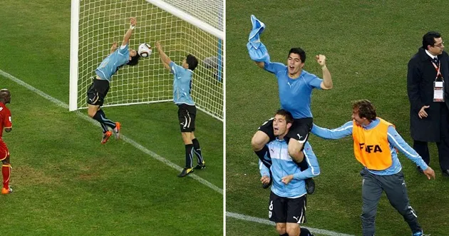 Suarez dùng tay cản bàn trong trận Uruguay vs Ghana 2010, nhận thẻ đỏ trực tiếp.