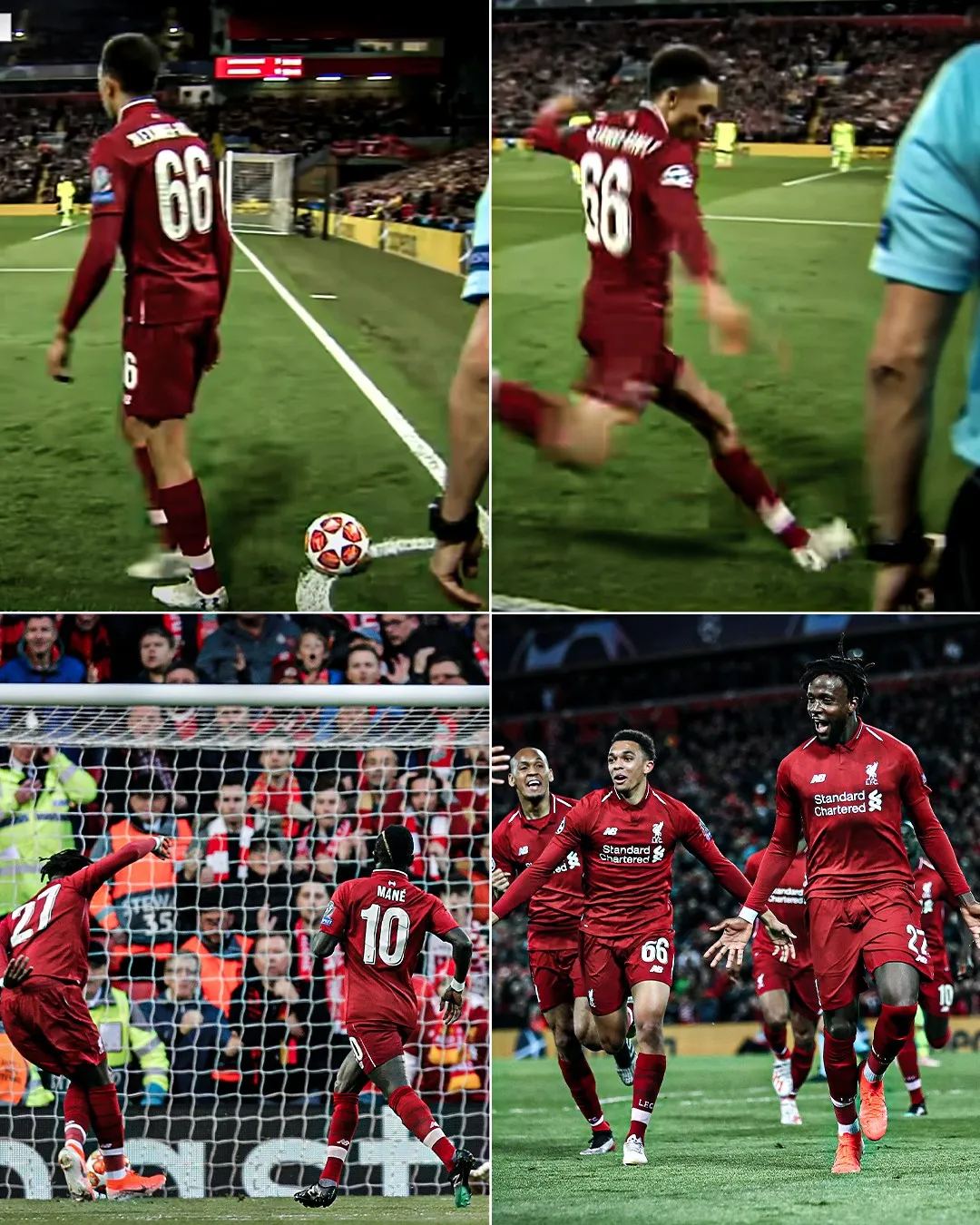 Trent Alexander-Arnold thực hiện quả phạt góc nhanh tạo cơ hội cho Origi lập công